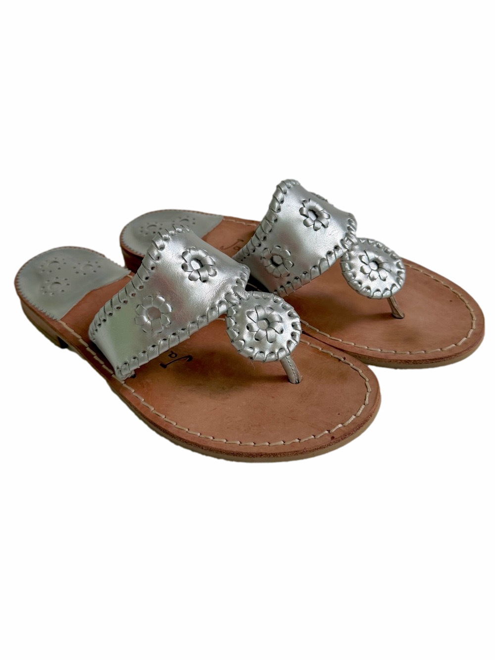 Jack Rogers Jacks Hampton Sandal Silver Metallic Leather Whipstitch Thong Size 6